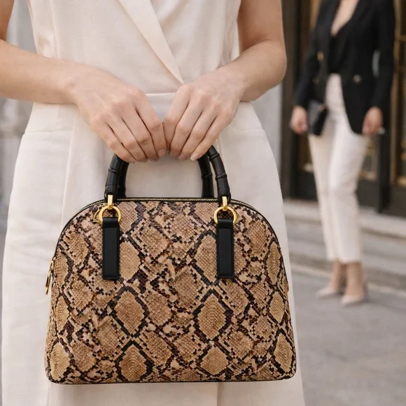 Trendy Snake Print Handbag with Custom Black Faux Bamboo Handles - Picture 1 of 4